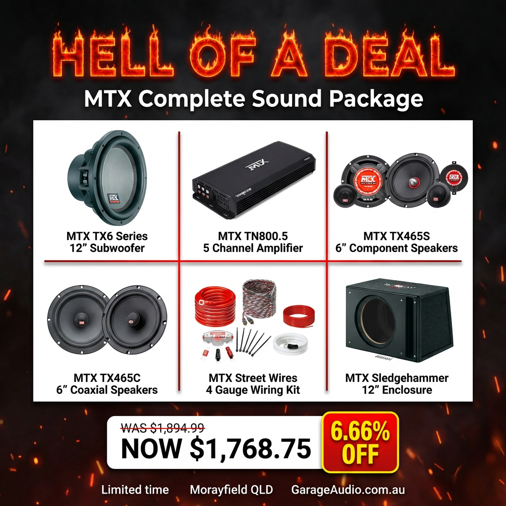 MTX “Hell of a Deal” Complete Sound Package (Front + Rear + 5ch Amp + 12” Sub + Wiring + Box)